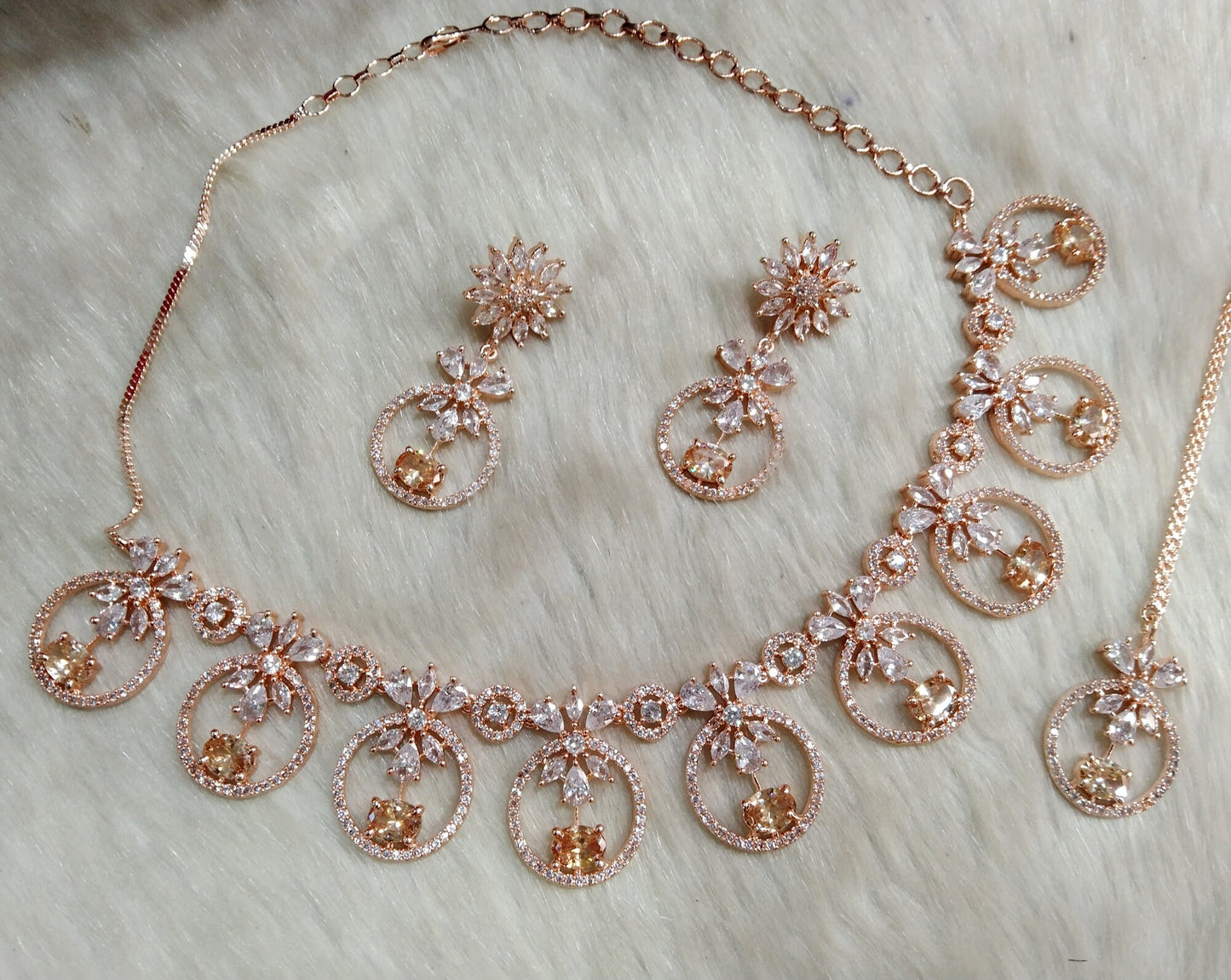 Cubic Zirconia Diamond necklace Earrings set, rose gold, silver Bridal necklace earrings jewellery sanam statement necklace set CZ necklace