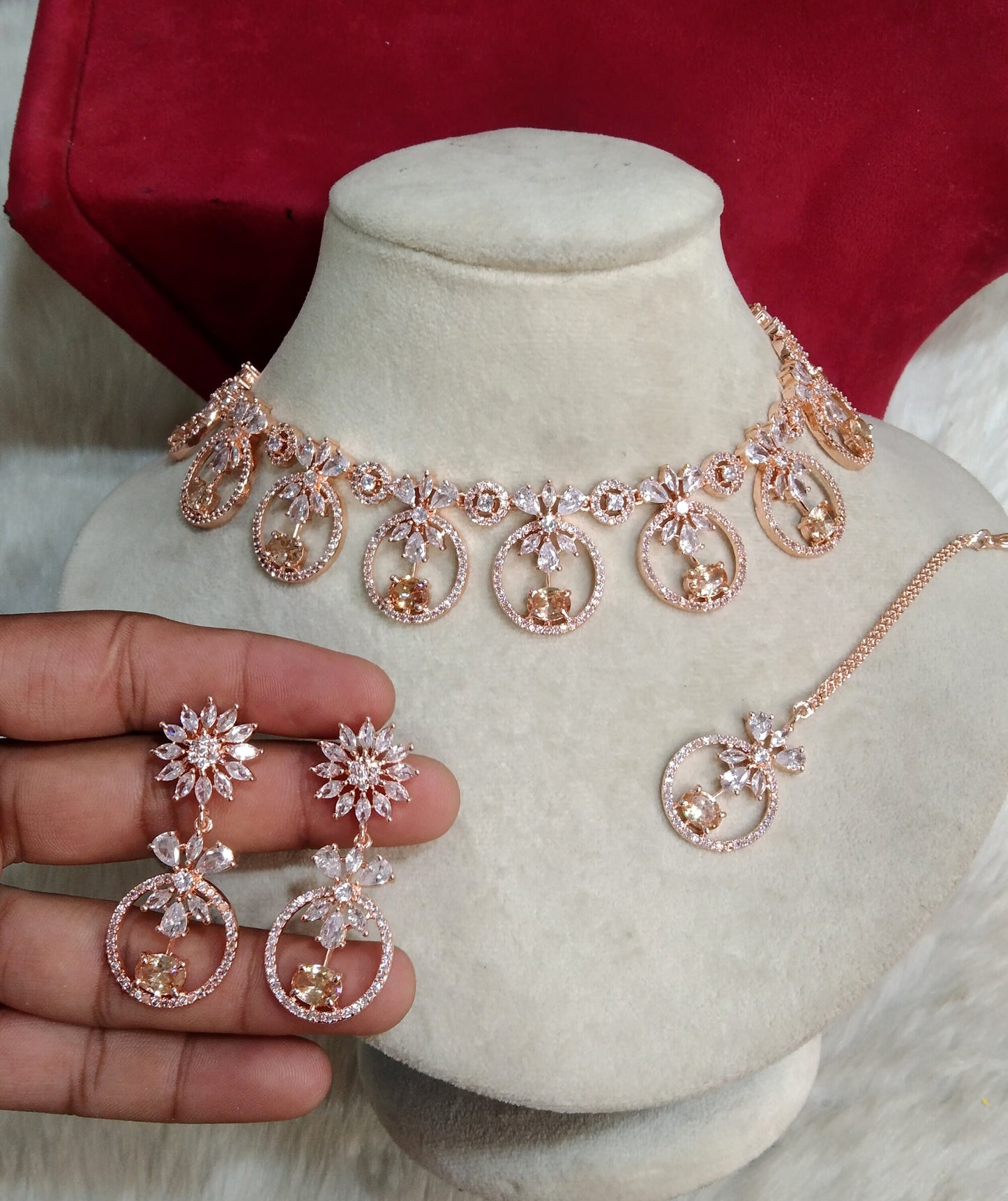 Cubic Zirconia Diamond necklace Earrings set, rose gold, silver Bridal necklace earrings jewellery sanam statement necklace set CZ necklace
