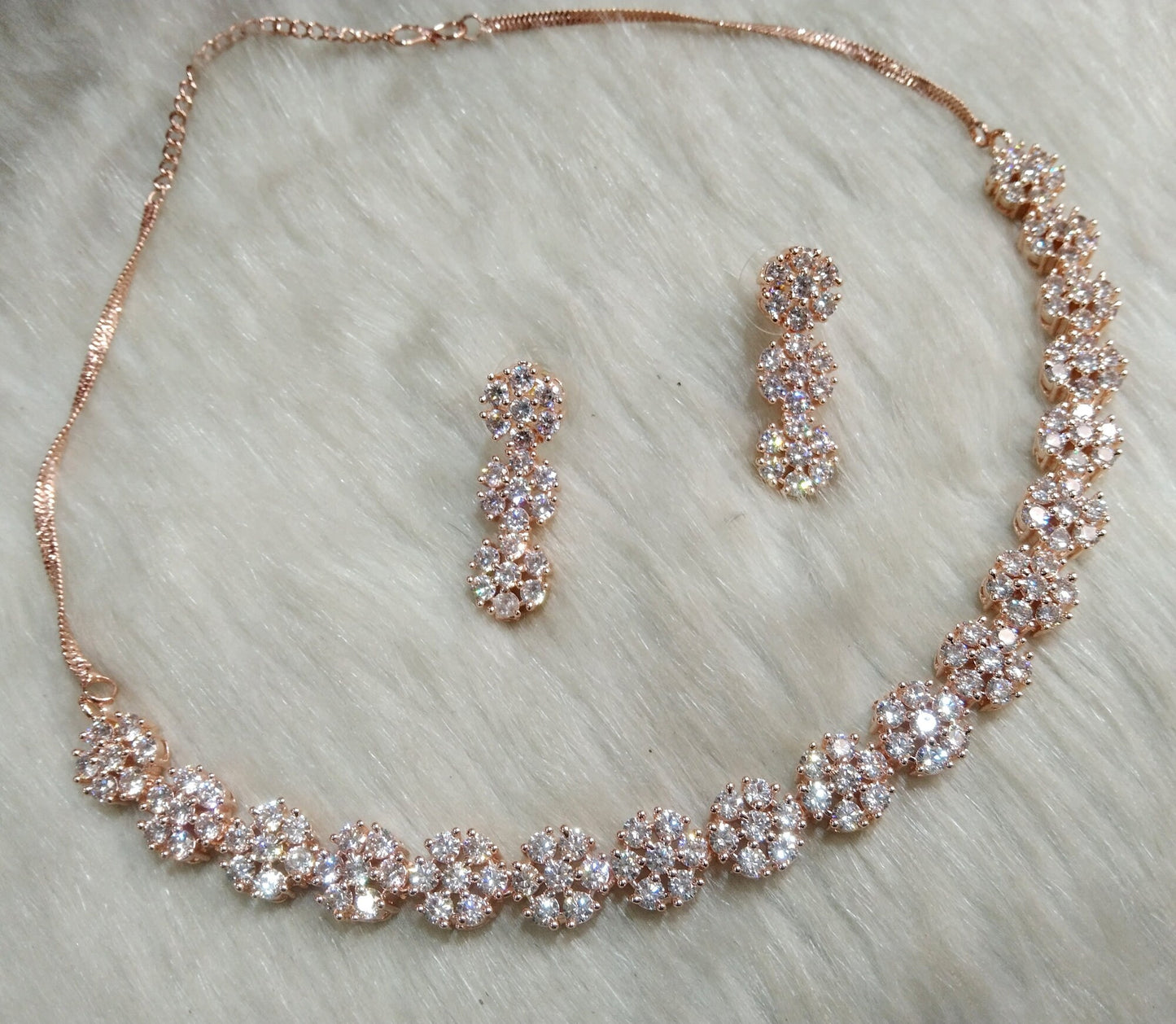Cubic Zirconia Diamond necklace Earrings set, rose gold, silver Bridal necklace snap earrings jewellery statement necklace set CZ necklace set
