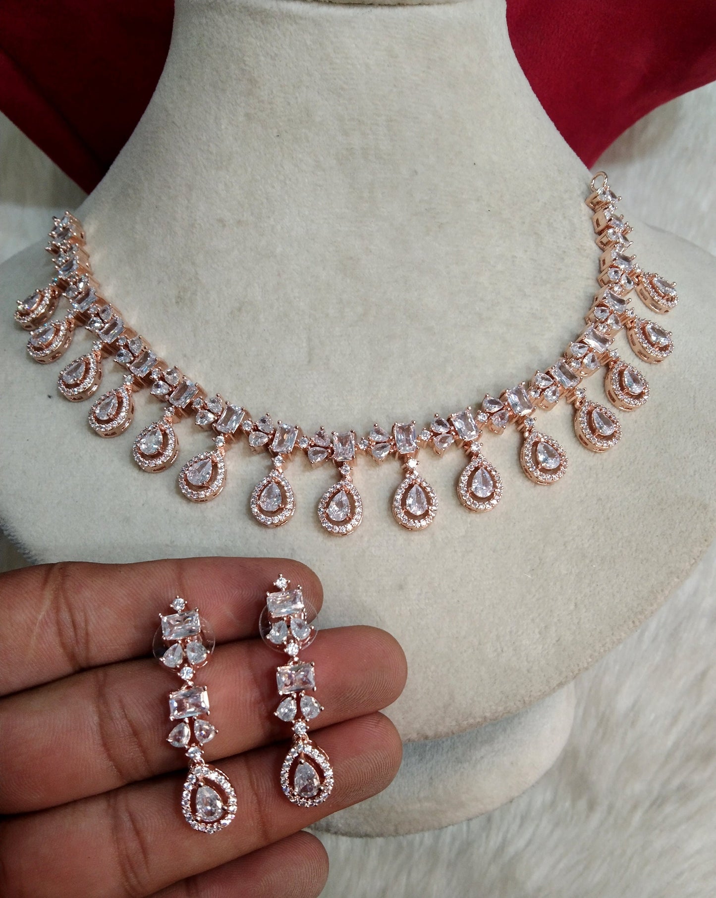 Cubic Zirconia Diamond necklace Earrings set, rose gold, silver Bridal necklace earrings Chammak jewellery necklace set CZ necklace set
