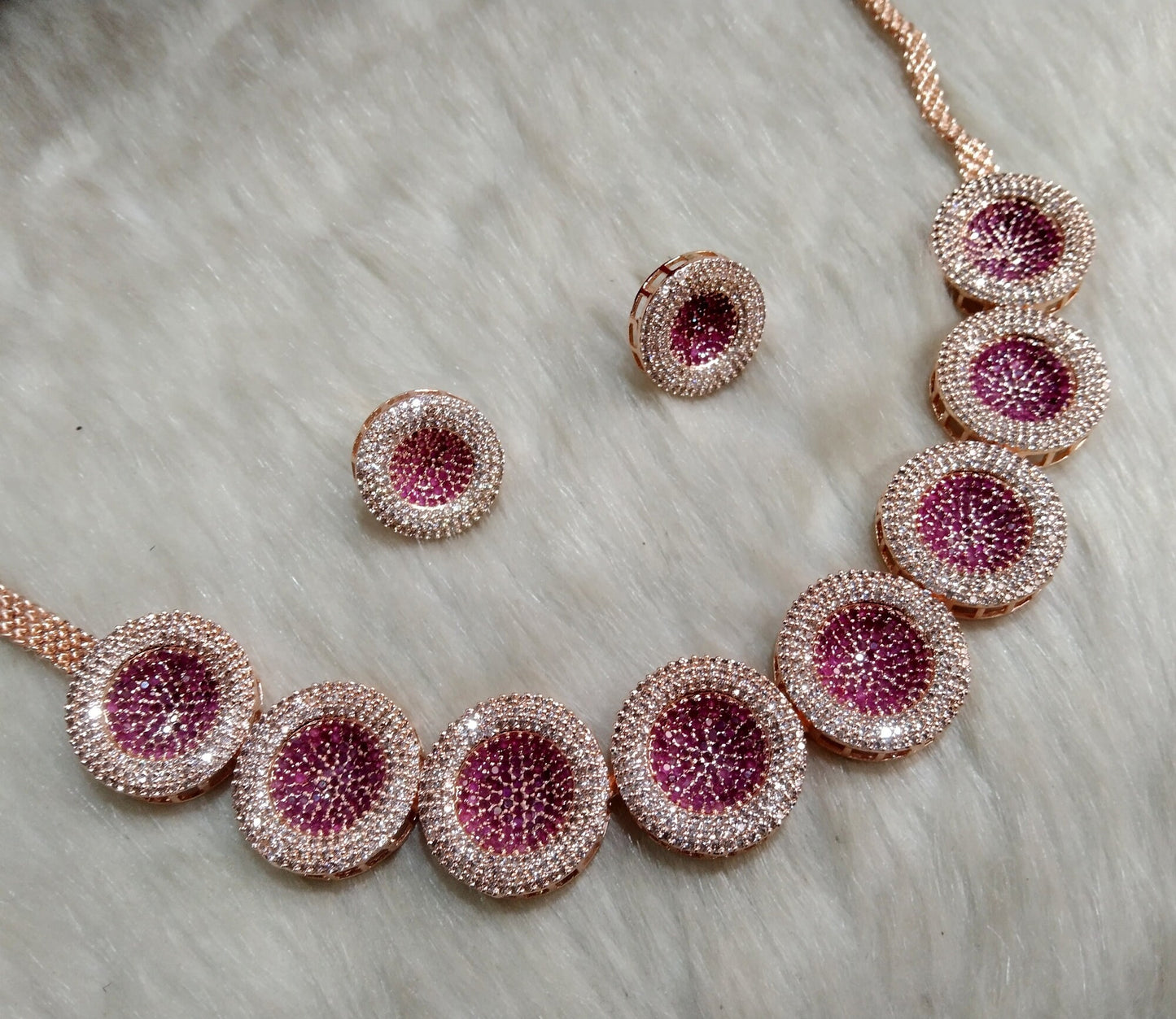 American Diamond Necklace Jewellery Earrings set, Rose gold paro Bollywood silver Bridal necklace earrings jewellery statement necklace set