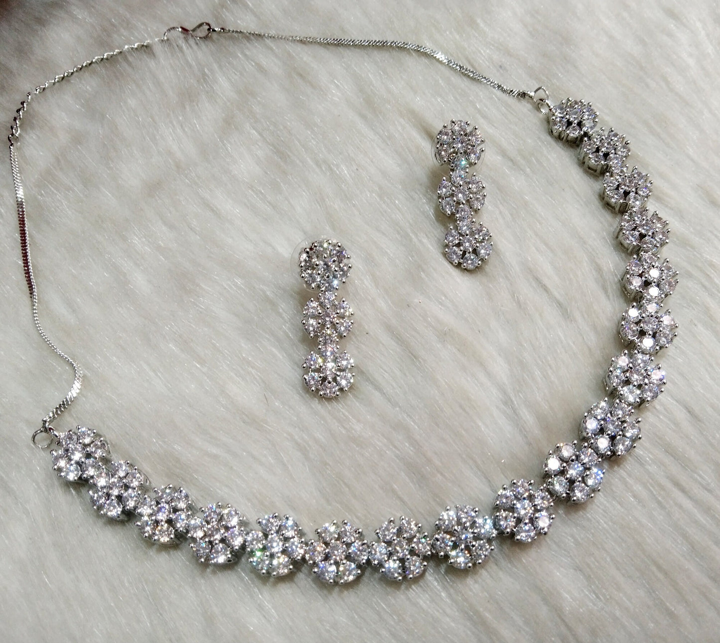 Cubic Zirconia Diamond necklace Earrings set, rose gold, silver Bridal necklace snap earrings jewellery statement necklace set CZ necklace set