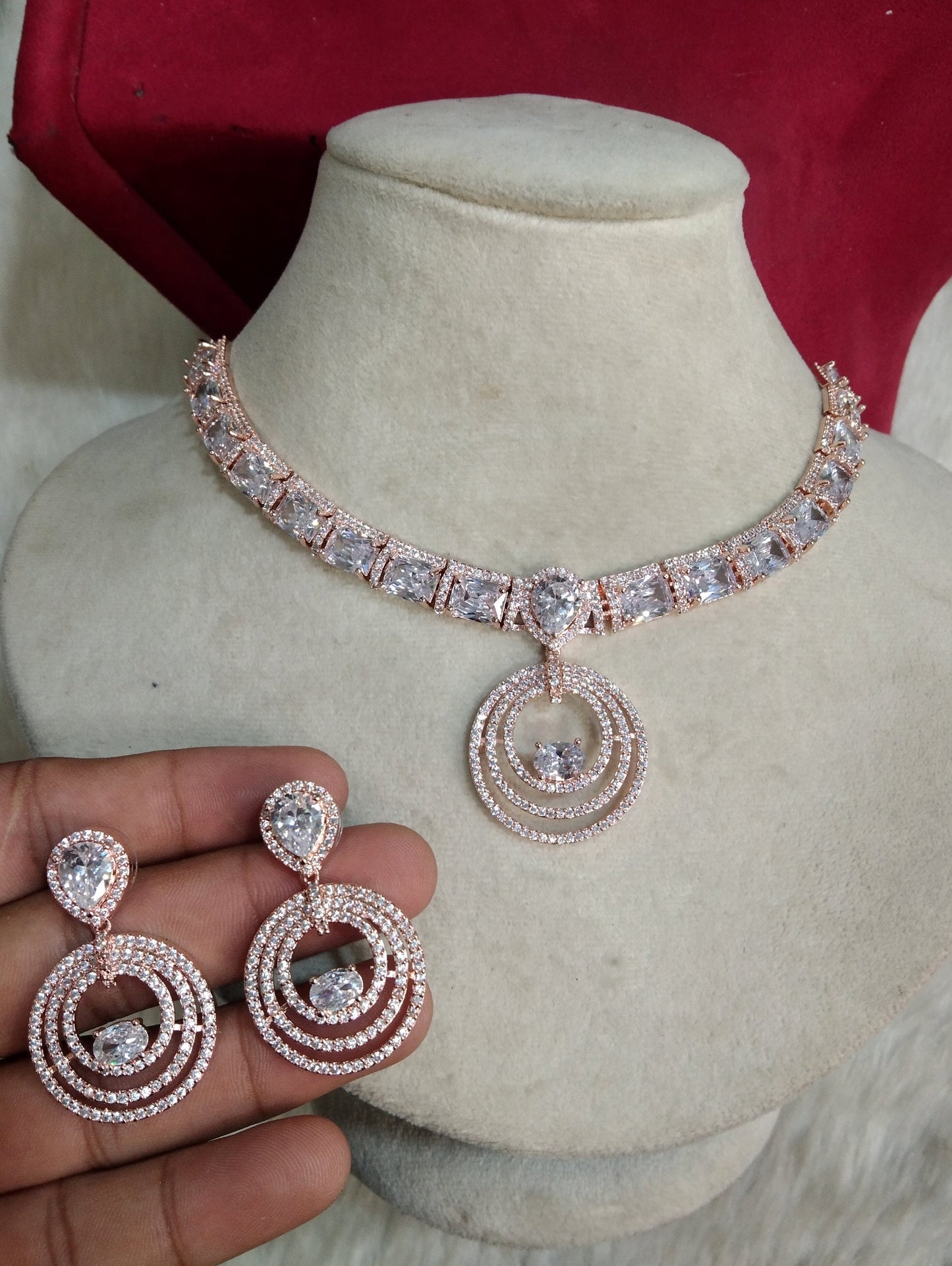 Cubic Zirconia Diamond necklace Earrings set, rose gold, Republic silver Bridal necklace earrings jewellery statement necklace set CZ necklace