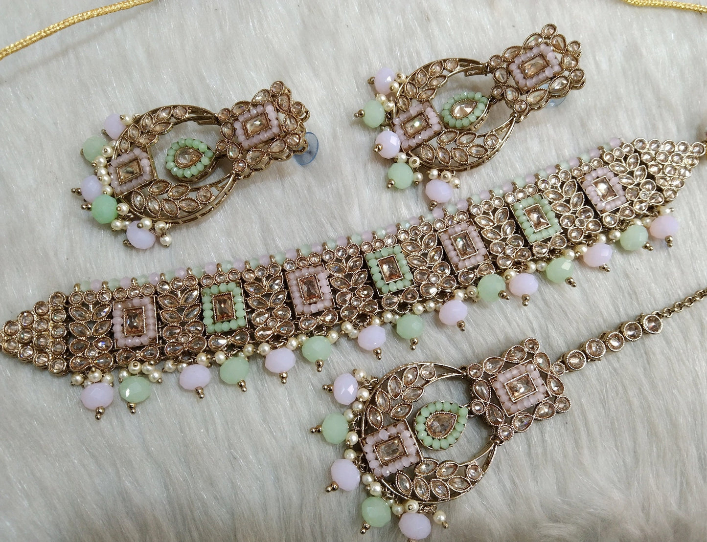 Indian jewellery Choker Set/ Dark gold pink mint, peach choker Jewellery set Oswego Indian choker necklace set/Bridesmaid Jewellery