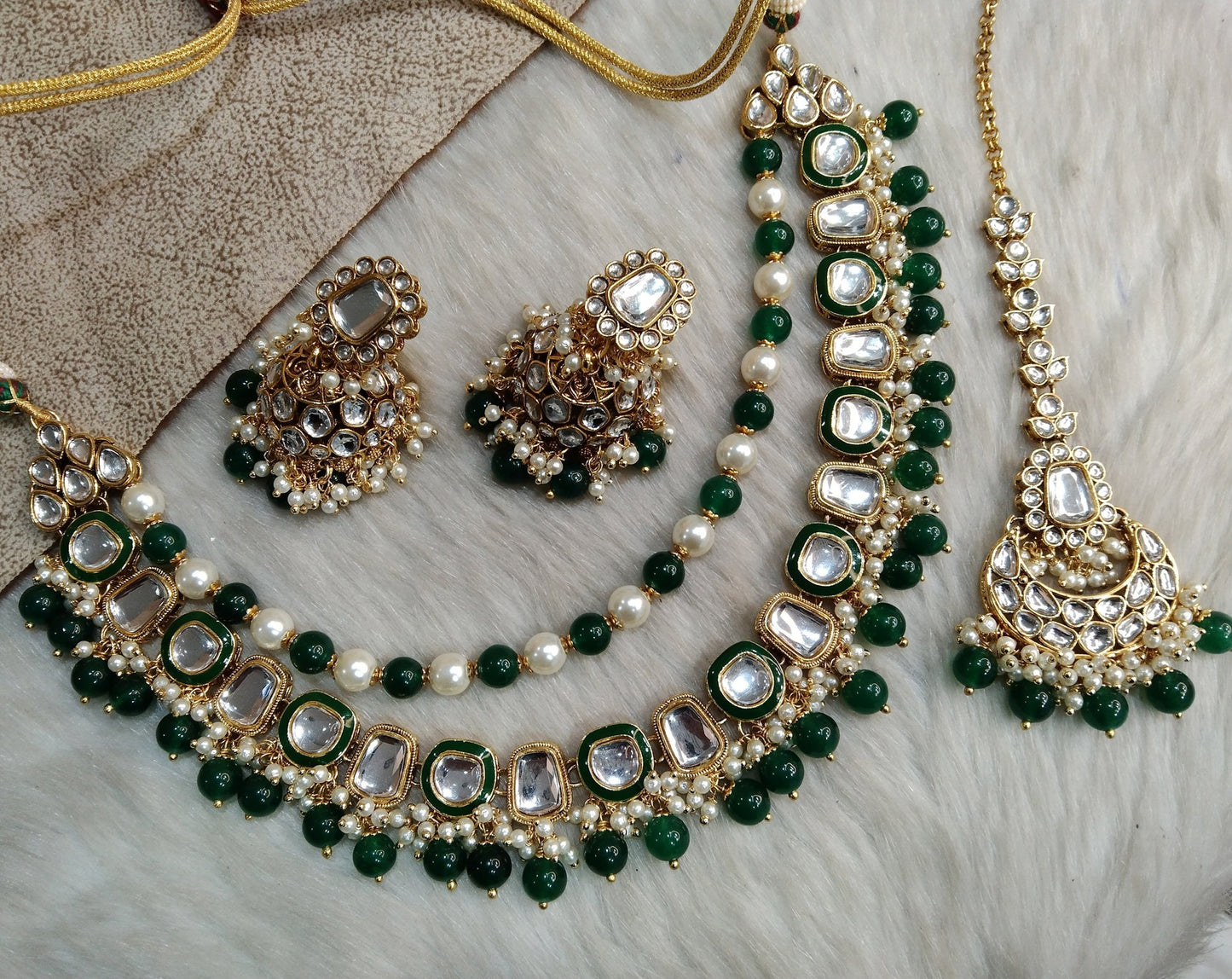 Indian Jewellery/ Gold Bridal Kundan necklace Set Indian green, peach, pink, Wedding Semi Bridal Ethnic Jewellery Fresno fontana Necklace