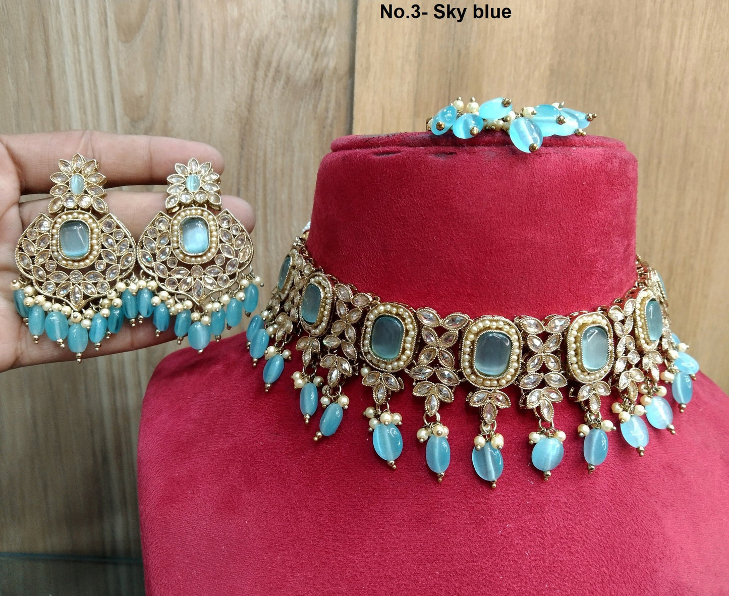 Indian jewellery Choker Set Necklace/dark gold green, sky blue ,peach, choker Jewellery set /Indian choker creek set