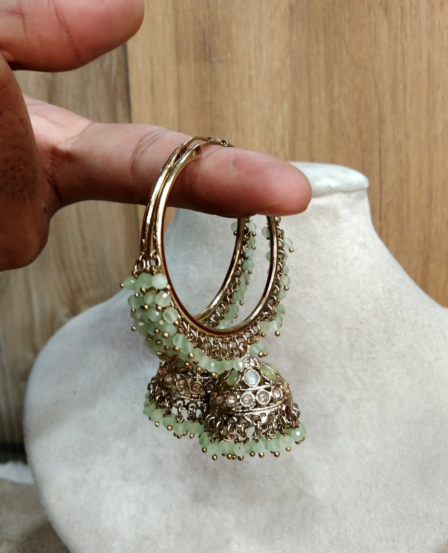 Jhumka Bali Gold Hoop pastel green Earrings/Bollywood Indian Jewelry Jewellery Chandbali Jhumka Set/Punjabi Muslim Balli Jhumki Set