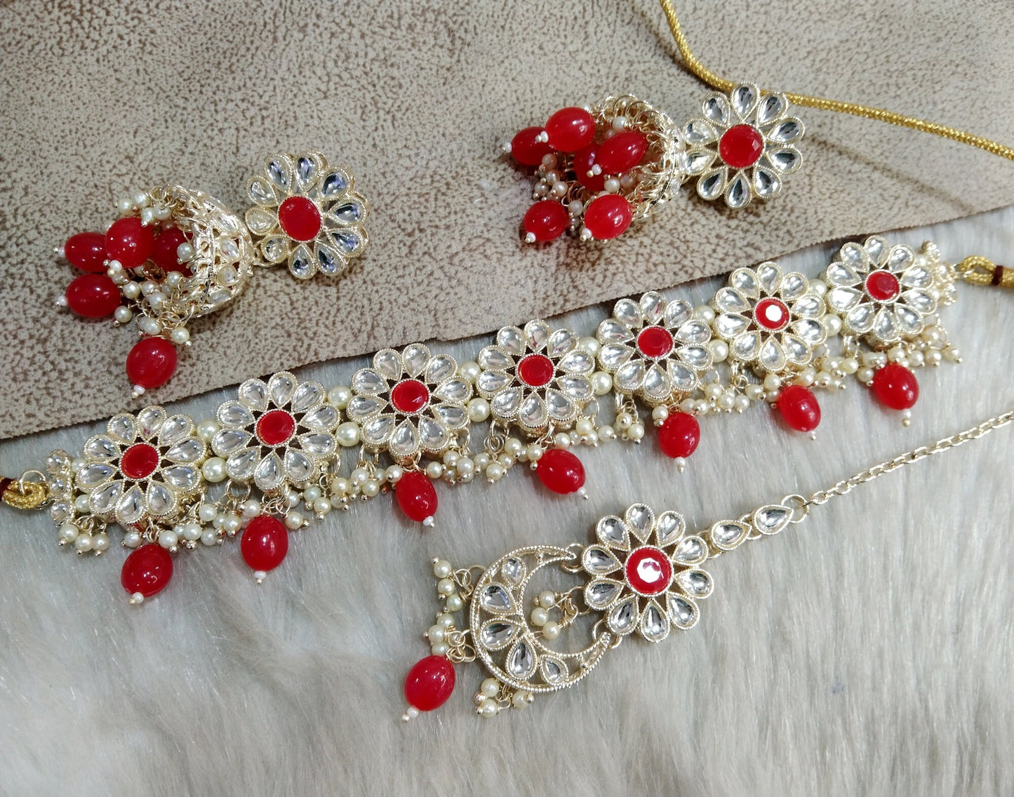 Indian Jewellery Gold mirror green, red Kundan choker Set/ Bridal Wedding Jewelry Set/choker Kundan Set/ Indian jewellery choker