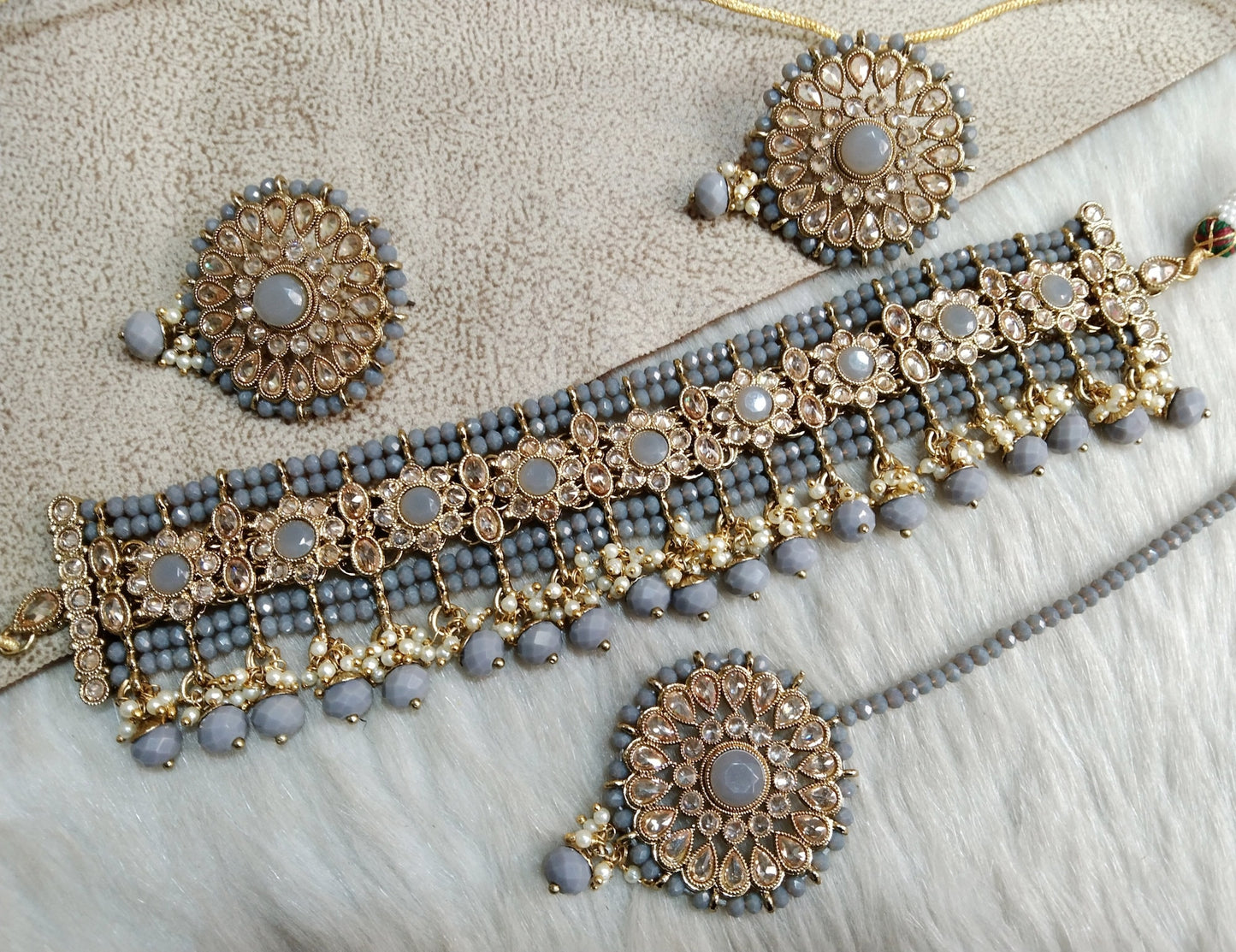 Choker Set Gold Necklace Set/ Bollywood Jewellery/dark gold maroon, grey Indian choker necklace set/ Bridesmaid Jewellery/Women Necklace set