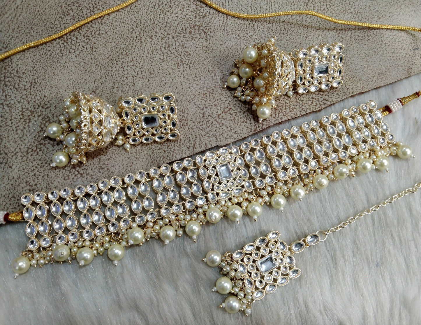 Indian Jewellery Gold white Kundan choker Set/ Bridal Wedding Jewelry Set/choker Kundan set/ Indian jewellery choker
