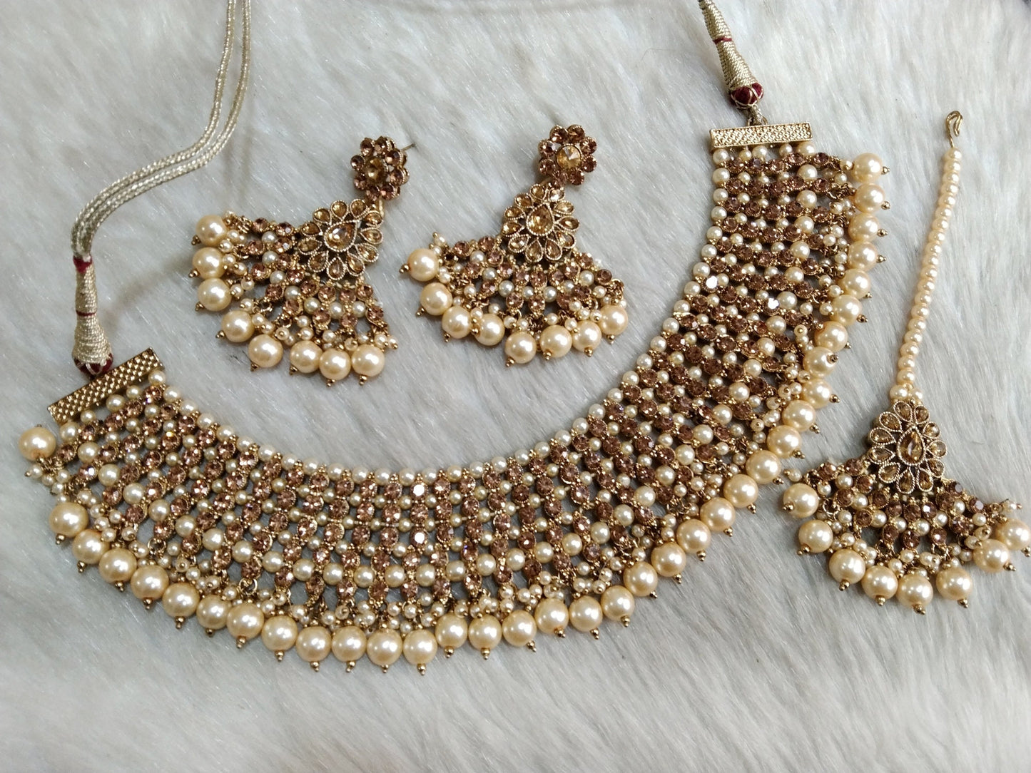 Indian  Jewellery Bridal Choker Gold Antique Necklace noun Set