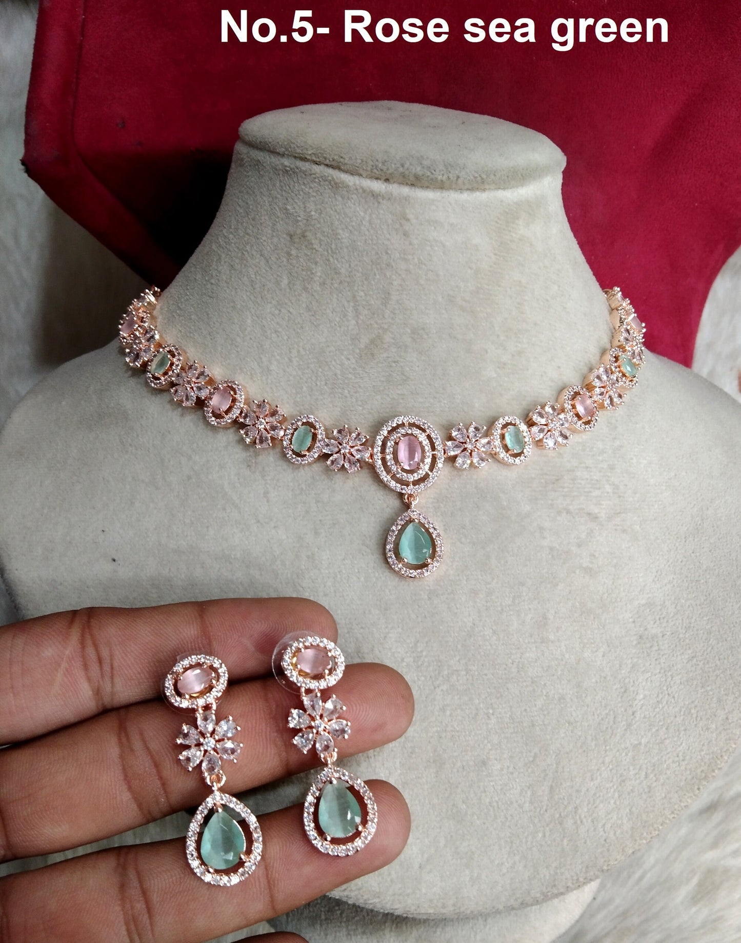 Cubic zirconia diamond necklace set, rose gold cz necklace corona set