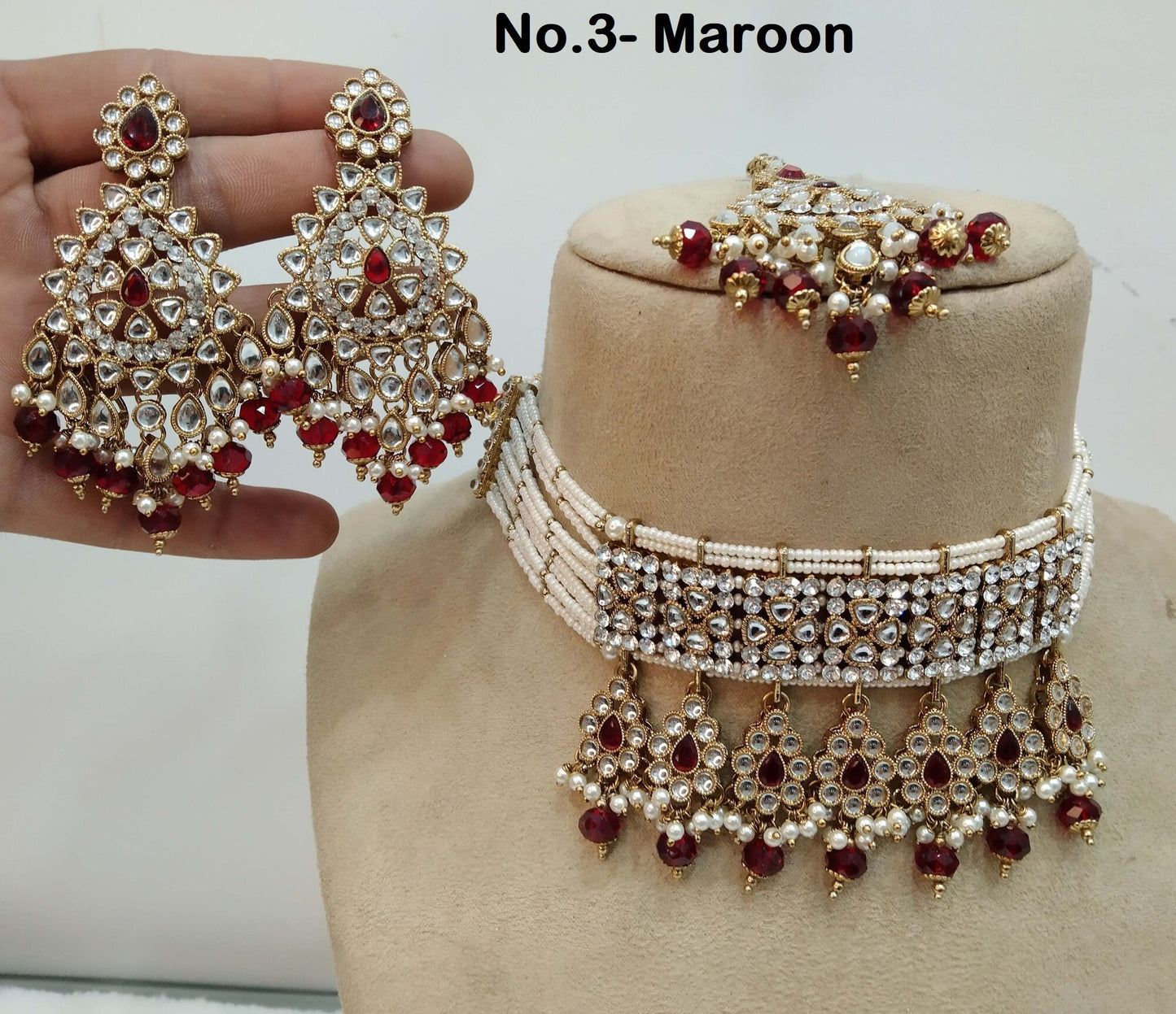 Ivory Indian jewellery Gold finish kundan Choker Set/Gold Rama green, dark pink, Gold white, maroon, sky blue Indian dina Jewellery Set/Indian Choker