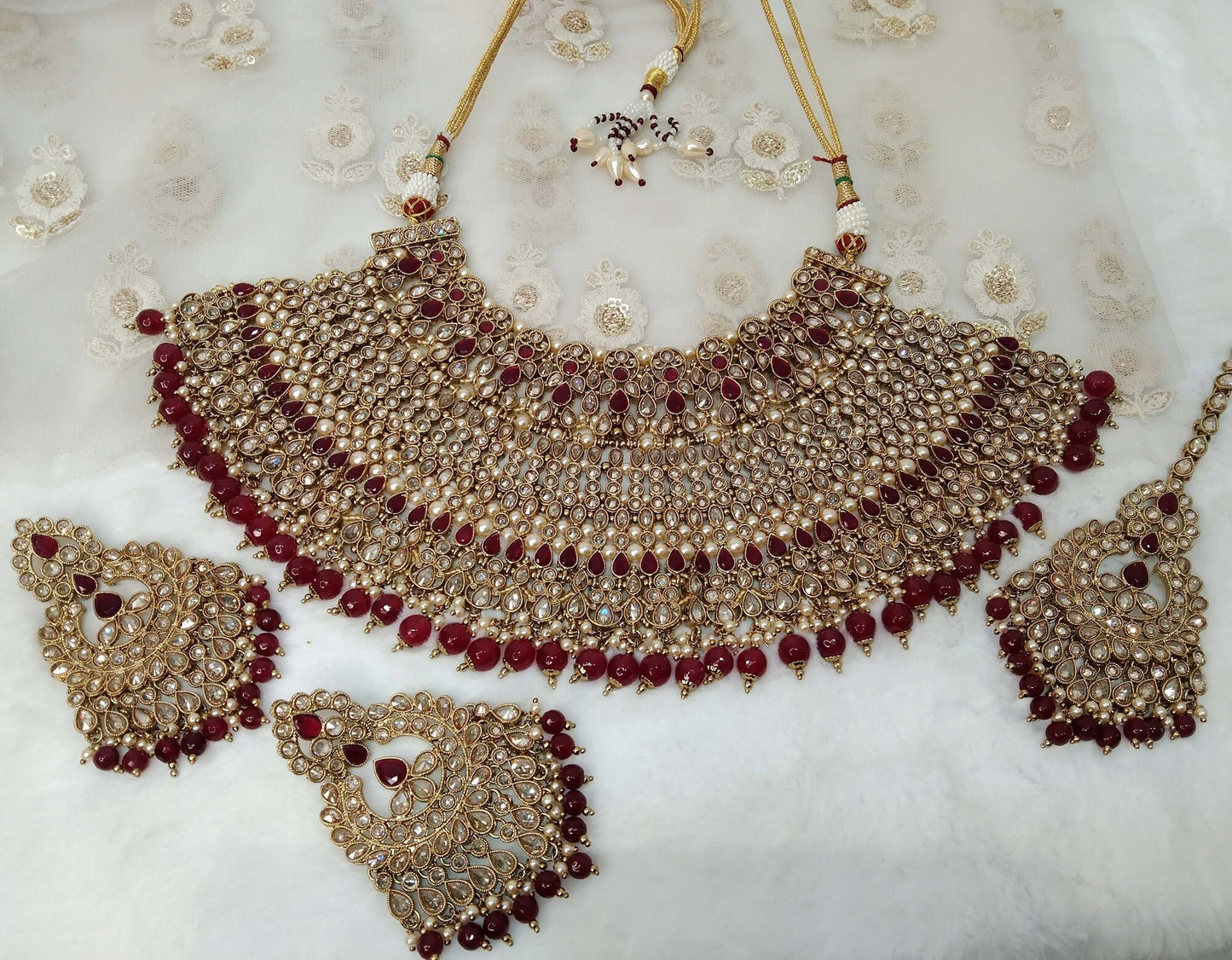 Buy Choker Set / Antique gold finish Maroon Indian jewellery Jewellery set /Indian semi bridal choke set/Bridesmaid Jewellery/Wedding jewelry set