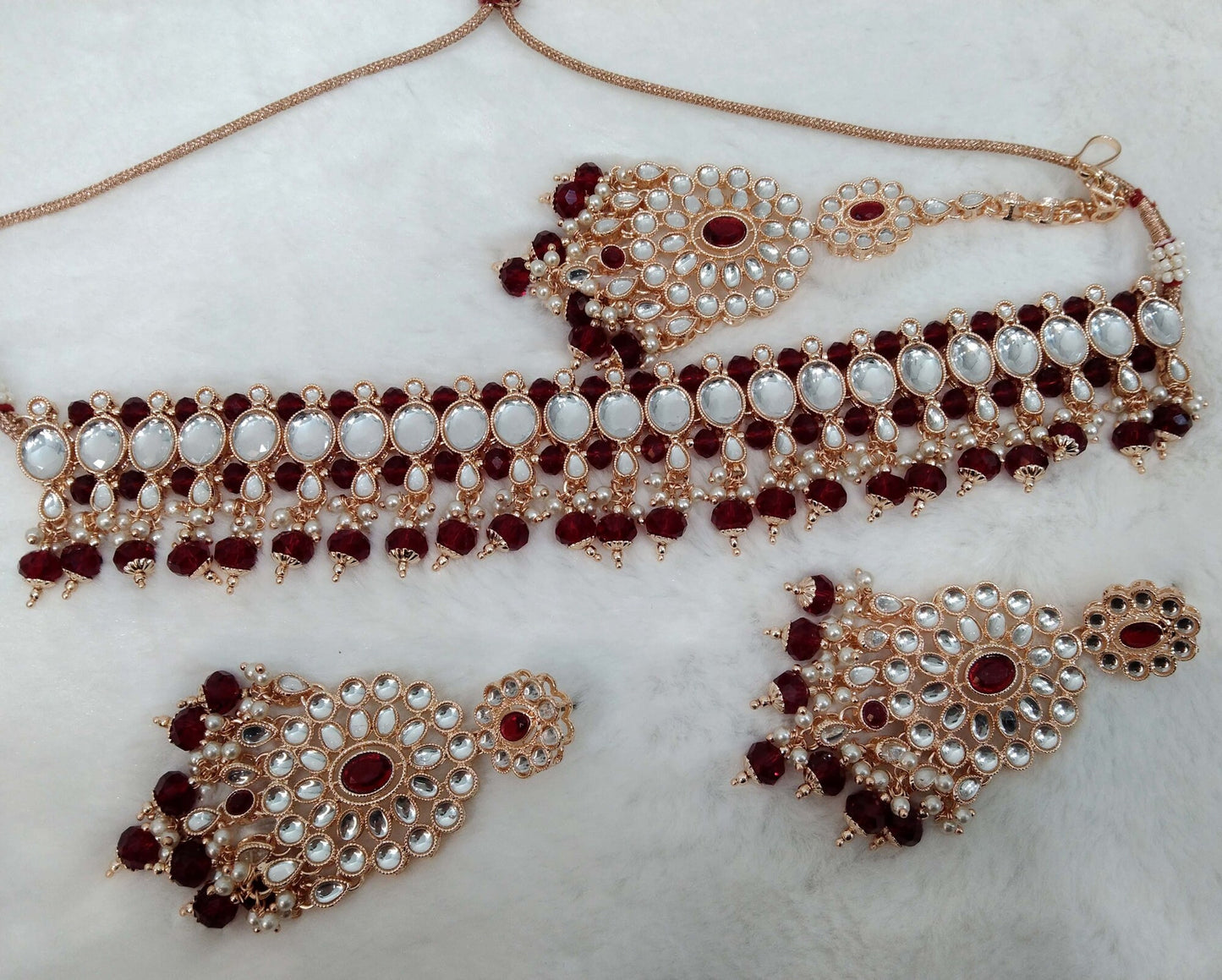 Ivory Indian jewellery Rose gold kundan Choker Set Necklace Earrings Set/Rose white, green, maroon Indian giare Jewellery Necklace Set/Choker Set