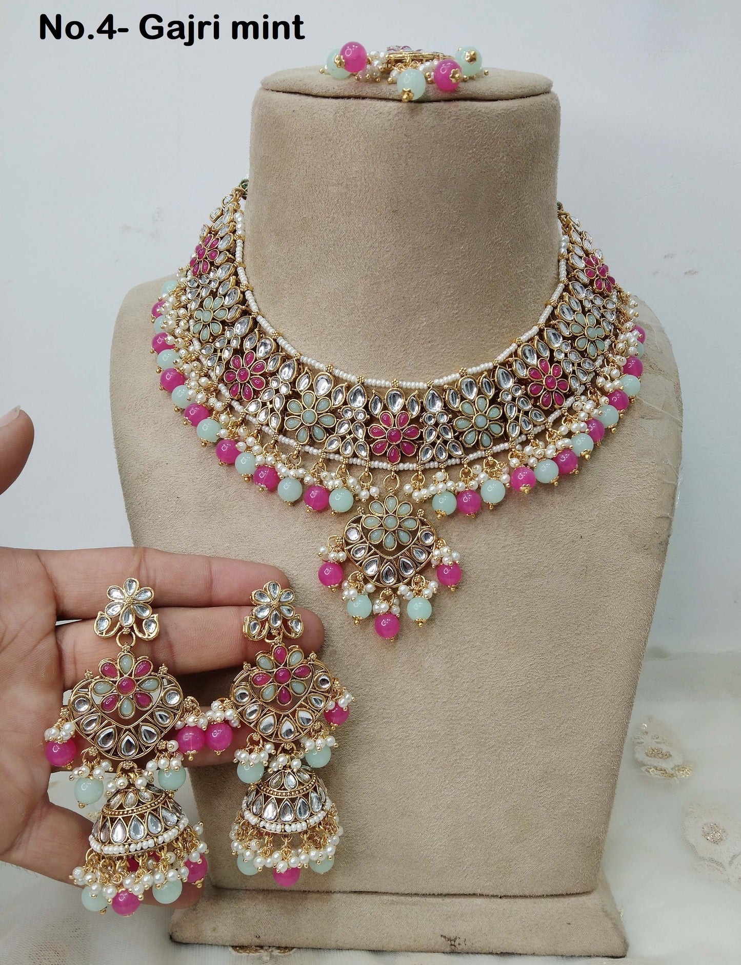 Indian Jewellery/ Gold Semi Bridal Kundan necklace Set Indian Gold white, Pastel green, Seagreen pink Carnage Wedding Jewellery Necklace