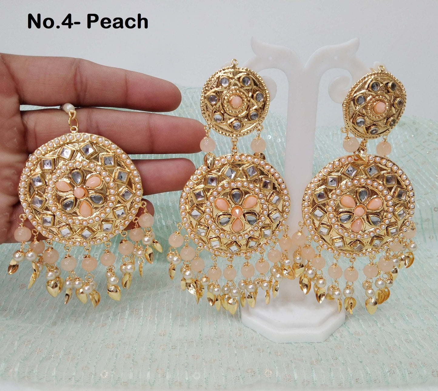 Indian Earrings Jadau pink seagreen, gold white Pippal Patti Earrings Tikka Set /Punjabi Indian Tikka Set