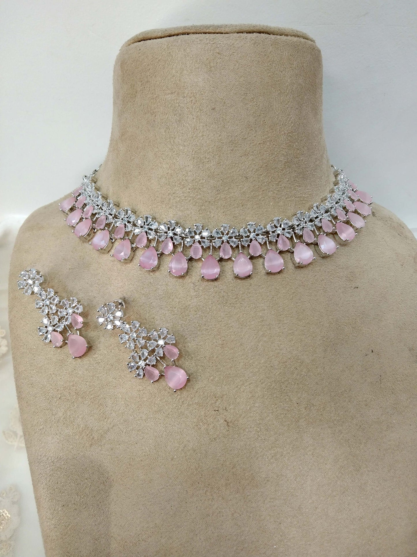 Cubic Zirconia Diamond choker Earrings set, silver Bridal choker earrings jewelry statement necklace set CZ choker necklace rita set