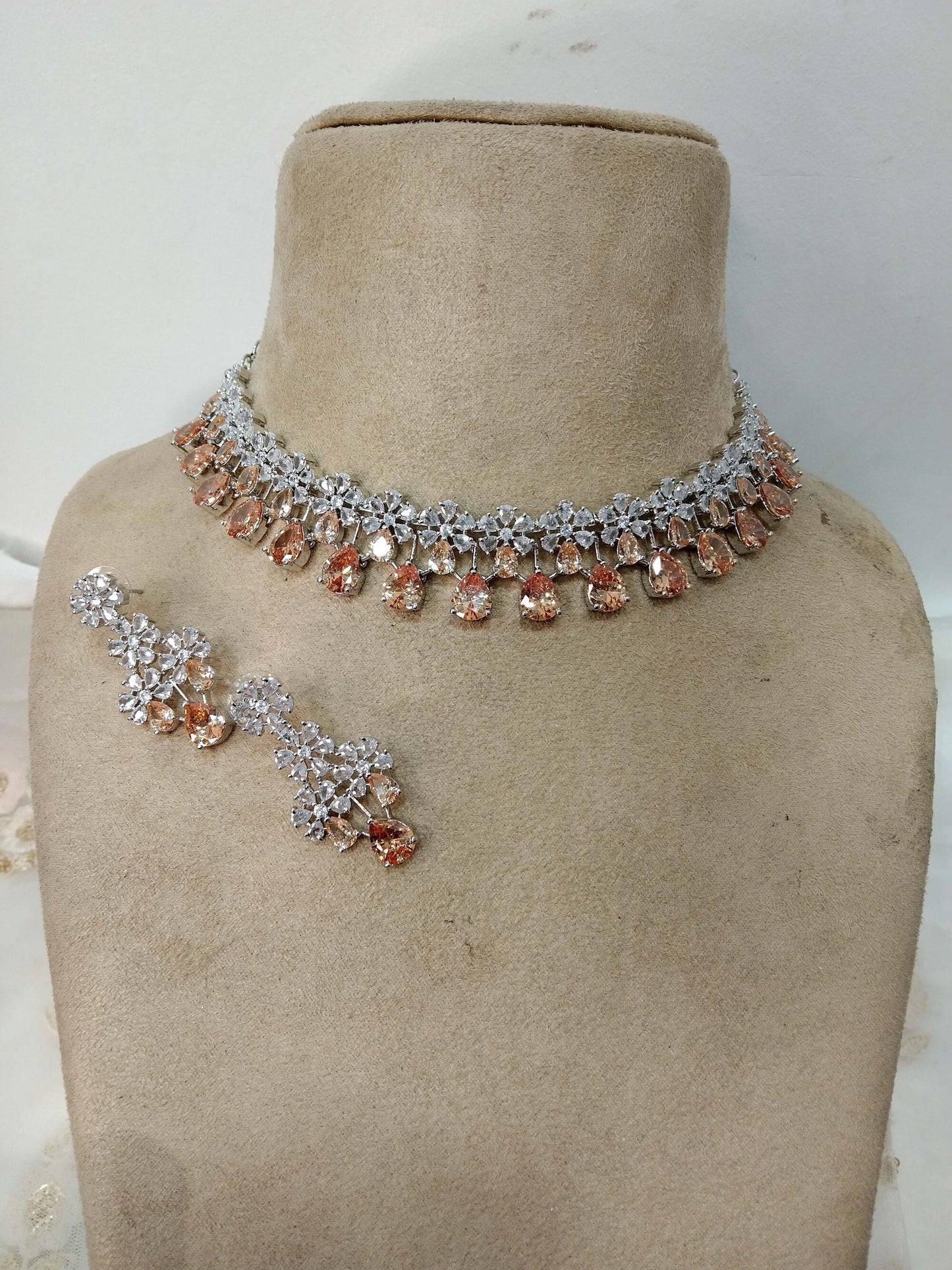 Cubic Zirconia Diamond choker Earrings set, silver Bridal choker earrings jewelry statement necklace set CZ choker necklace rita set