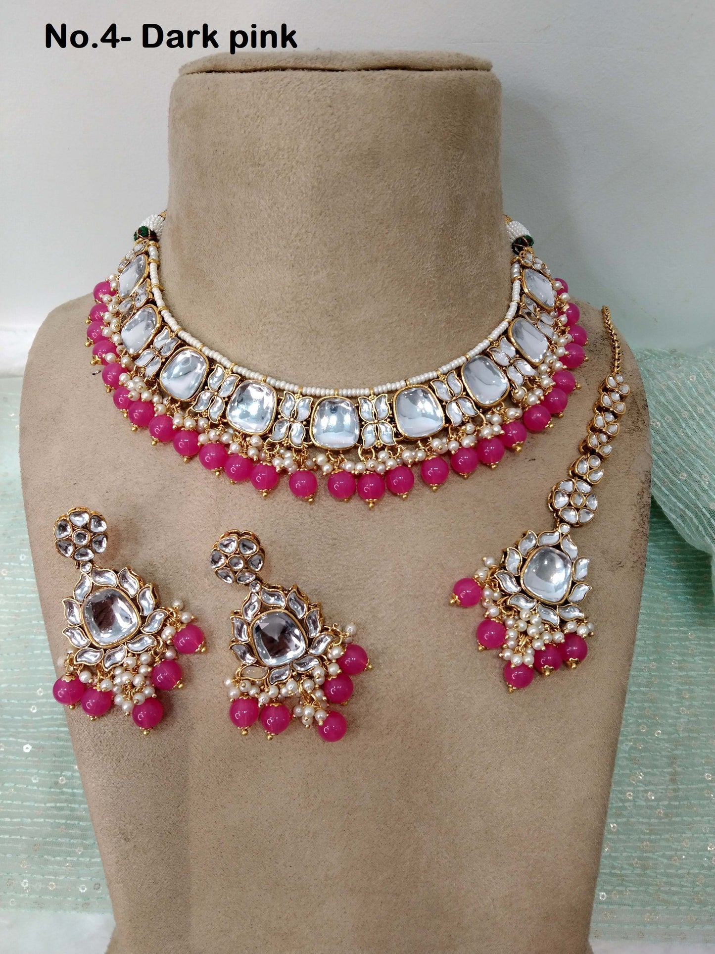 Indian Jewellery/ Gold Semi Bridal Kundan necklace Set Indian Pink, Gajjri jones Wedding Jewellery bollywood Necklace set