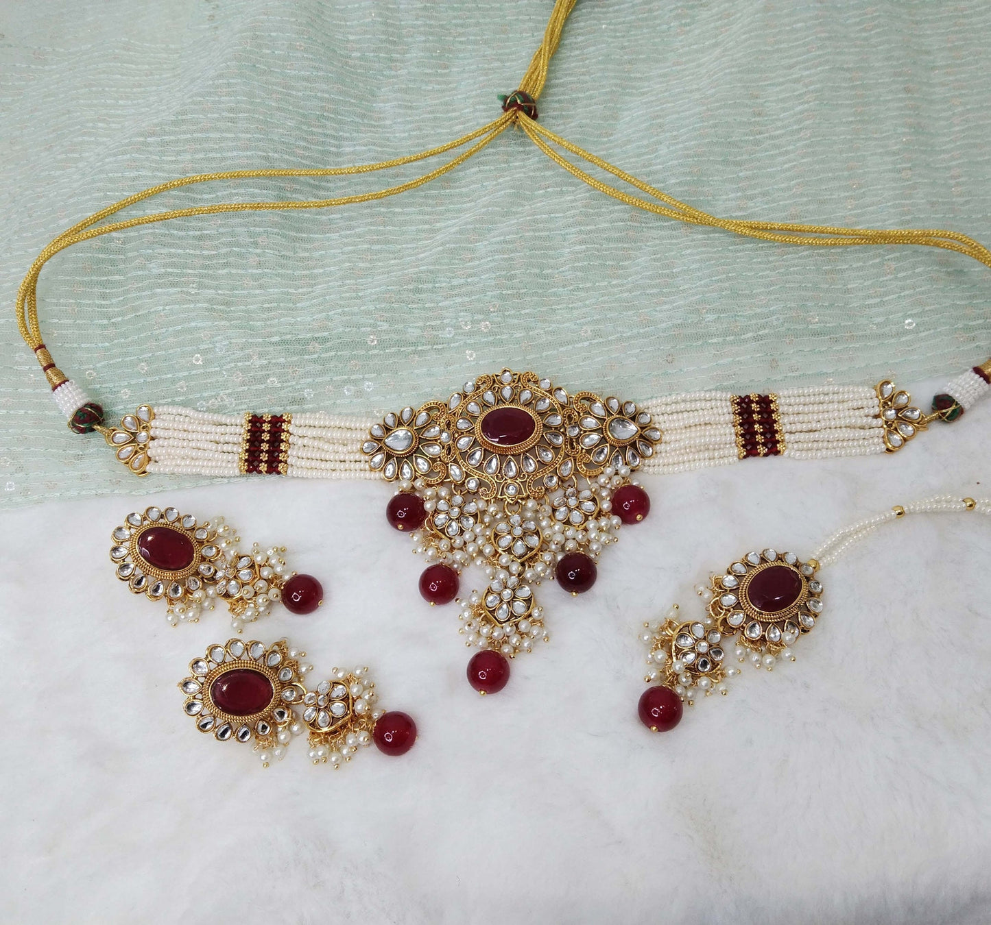 kundan Choker Set Necklace Earrings Set/Maroon, Gold White choker set Indian Jewellery Necklace Set/Indian heena Choker Set