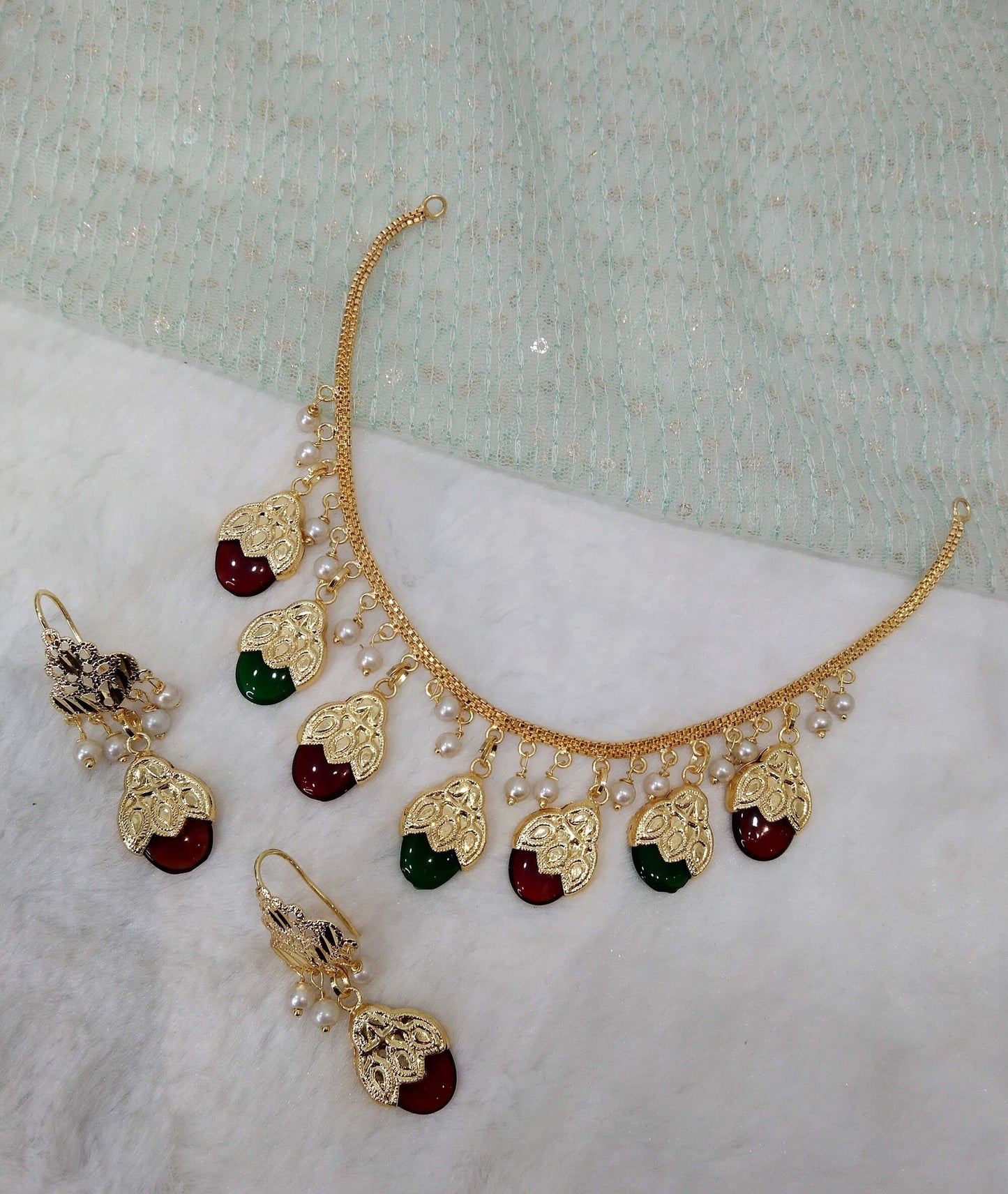 Jadau necklace Ruby, Grey punjabi muslim set/Indian jewelry pakistani punjabi jewellry patra set