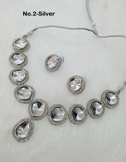 Indian  Jewellery ,Silver Kundan necklace Set Indian Wedding Semi Bridal Ethnic Bridal Necklace, bridesmaids set, Kundan set