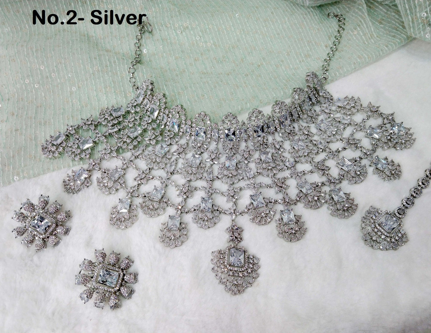 Cubic Zirconia Diamond choker Earrings set, silver, silver green Bridal choker earrings jewellery statement necklace kiara advani set