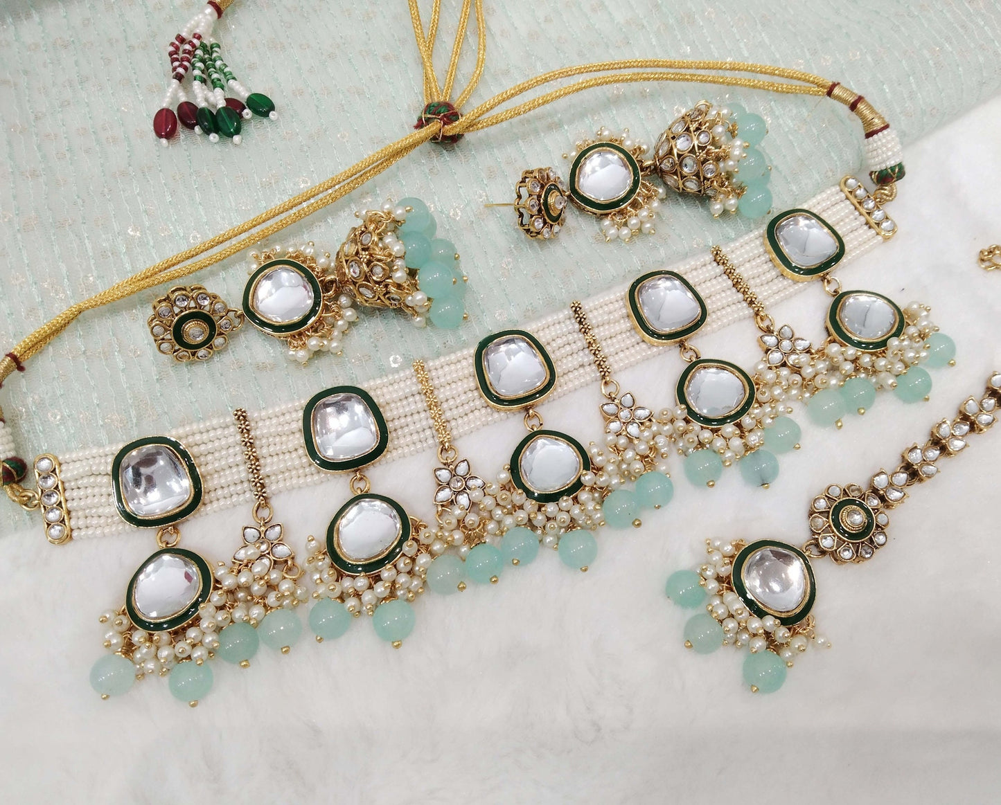 Ivory Indian Jewellery , Kundan choker Set Indian gold white, green, sky blue Wedding Bridal Necklace,bridesmaids titan set,Punjabi set