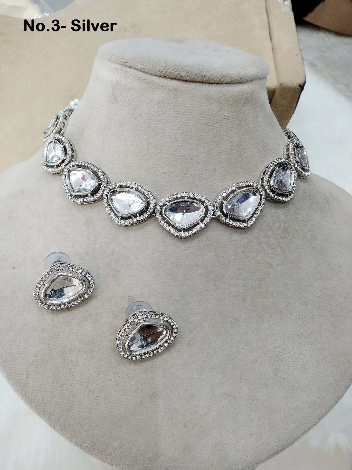 Indian  Jewellery ,Silver Kundan necklace Set Indian Wedding Semi Bridal Ethnic Bridal Necklace, bridesmaids set, Kundan set