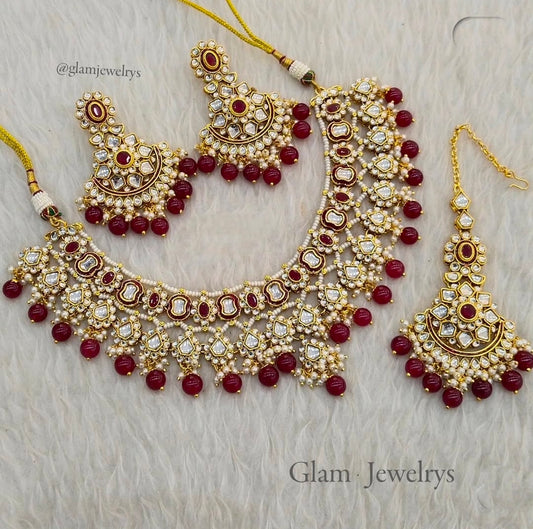 Gold Kundan Necklace Set/ Gold Ruby Maroon kundan Indian jewellery kundan disco sets
