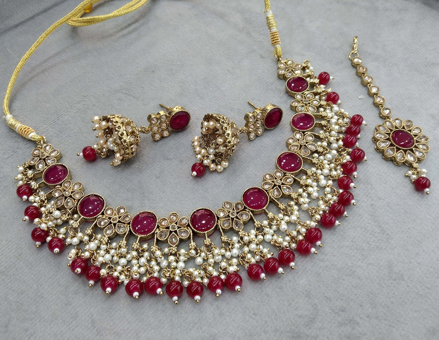 Antique Gold Necklace Set/ Antique gold majenta Indian Bridal wind Jewellery