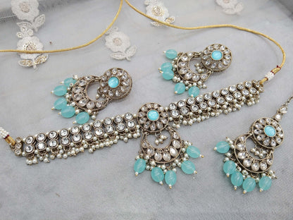 Choker Set / Antique gold sky blue choker Jewellery set/Indian kirty choker set