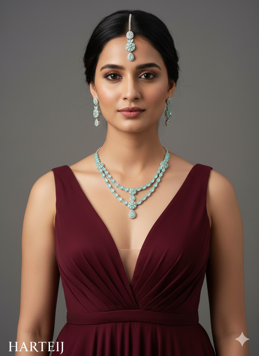 Pink Silver CZ Necklace Indian Jewellery Harteij Set