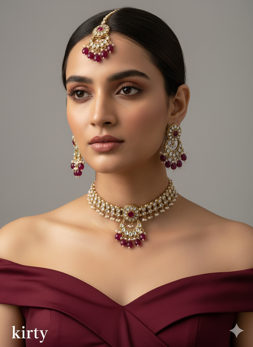 Choker Set / Antique gold majenta choker Jewellery set/Indian kirty choker set