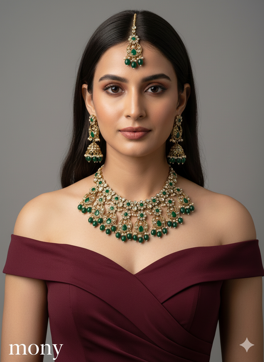 Antique Gold Necklace set/ Dark gold green necklace Indian mony jewellery set
