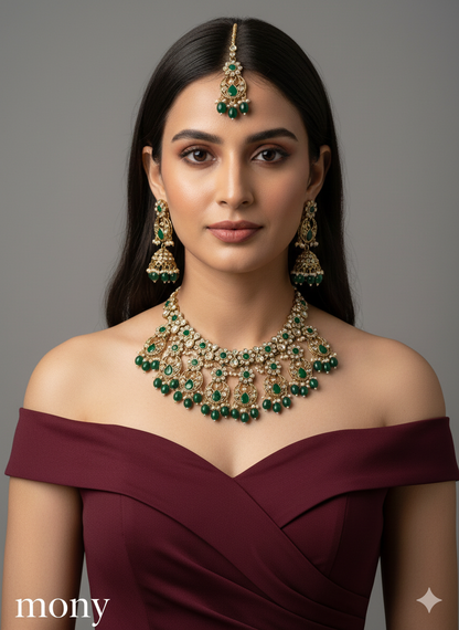 Antique Gold Necklace set/ Dark gold green necklace Indian mony jewellery set