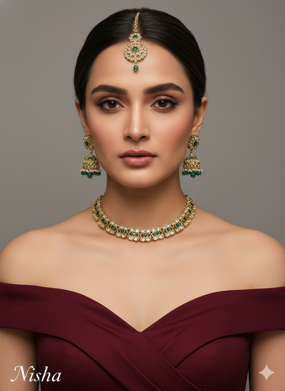 Antique Gold Green Indian Bridal Jewellery Necklace Nisha Set
