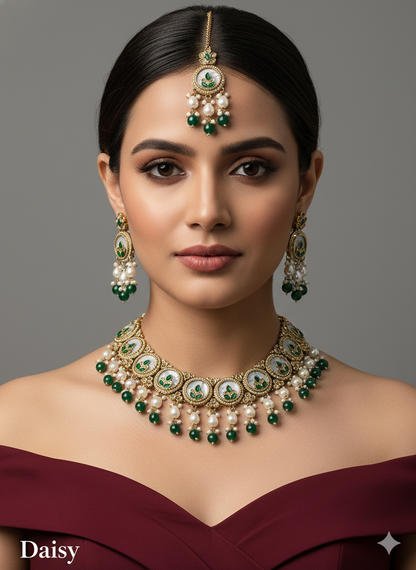Green Antique Gold Necklace Indian Jewellery Daisy Set