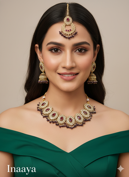 Antique Gold Green Necklace Set/ Dark Gold Indian Bridal Inaaya Jewellery Online