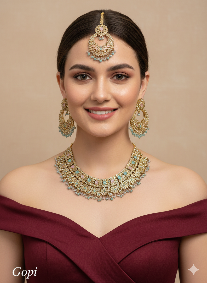 Mint Pink Antique Gold Necklace Indian Jewellery Gopi Set