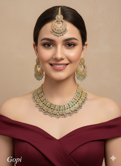 Mint Pink Antique Gold Necklace Indian Jewellery Gopi Set