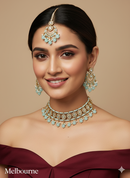 Indian  Jewellery Antique gold  Necklace Tikka Set/Gold melbourne Bollywood Necklace sea green Set