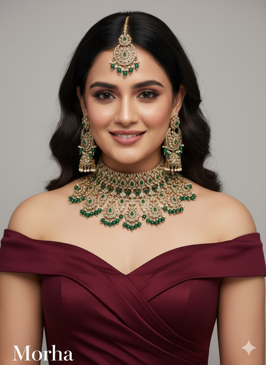 Green Antique Gold Choker Indian Jewellery Morha Set