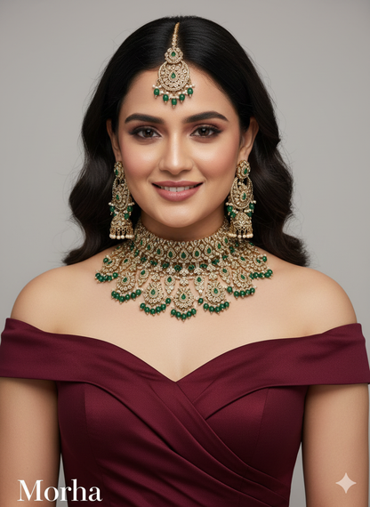 Green Antique Gold Choker Indian Jewellery Morha Set