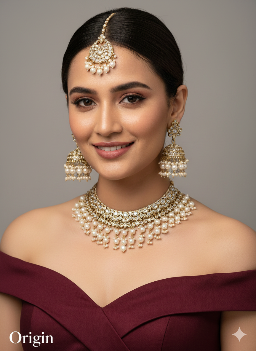 Antique gold clear crystals  necklace Set/ Antique gold  Indian Bridal origin Jewellry