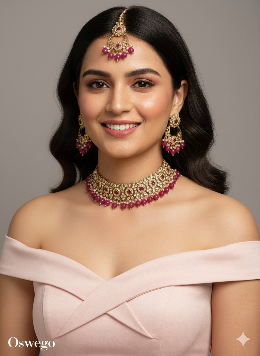 Choker Set Necklace Set/ peach, dark gold, maroon, dark pink choker Jewellery set Oswego Indian choker necklace set/Bridesmaid Jewellery