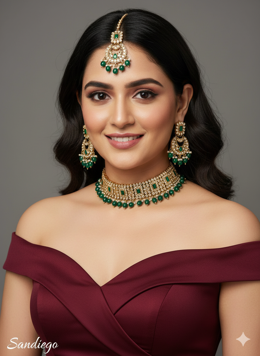 Antique Gold Green Choker Set/ dark gold Indian  Bridesmaid sandiego Jewellery