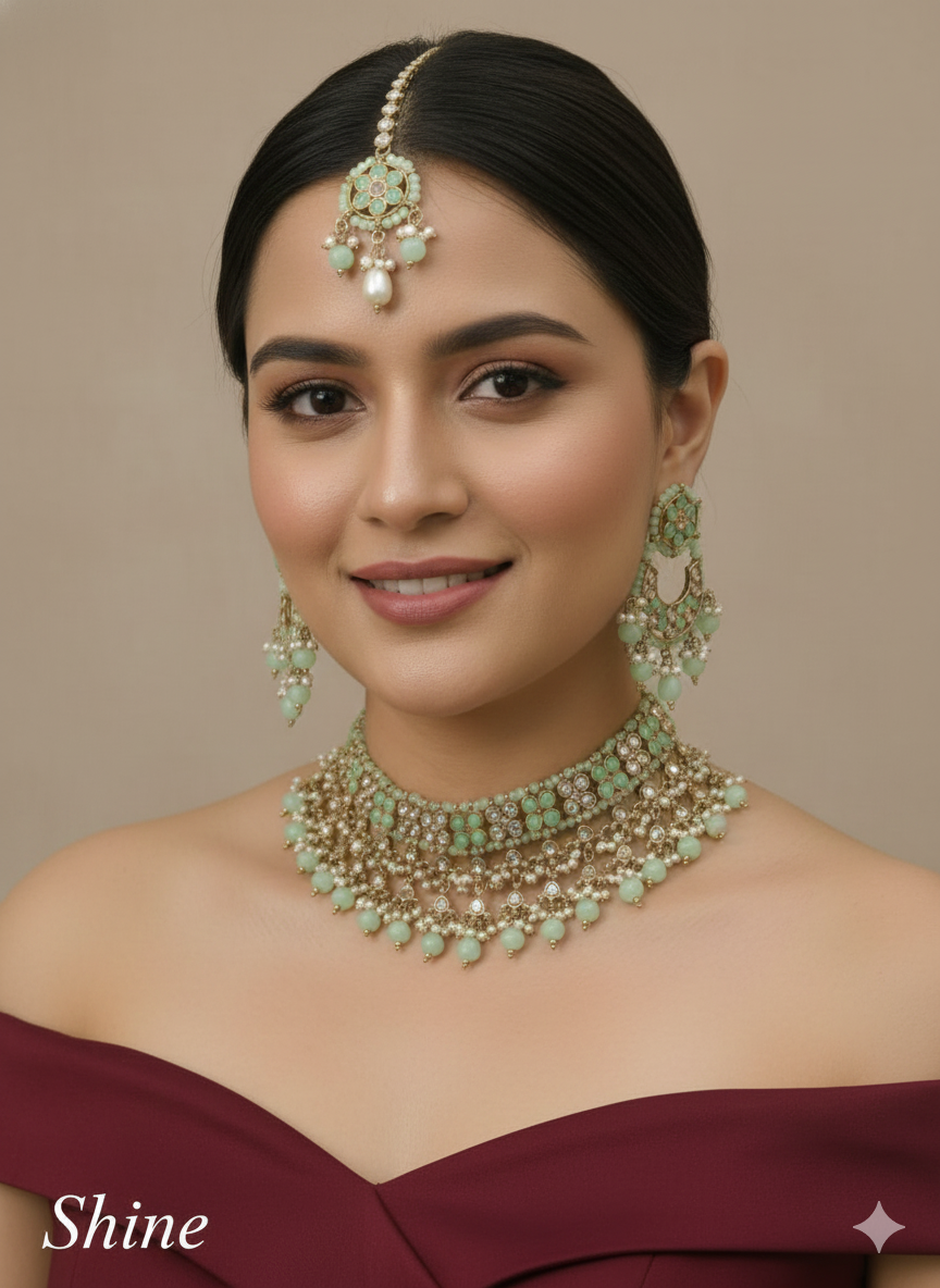Indian Jewellery Antique gold peach choker Tikka Set/Gold shine choker Set