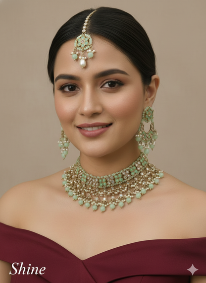 Indian Jewellery Antique gold peach choker Tikka Set/Gold shine choker Set